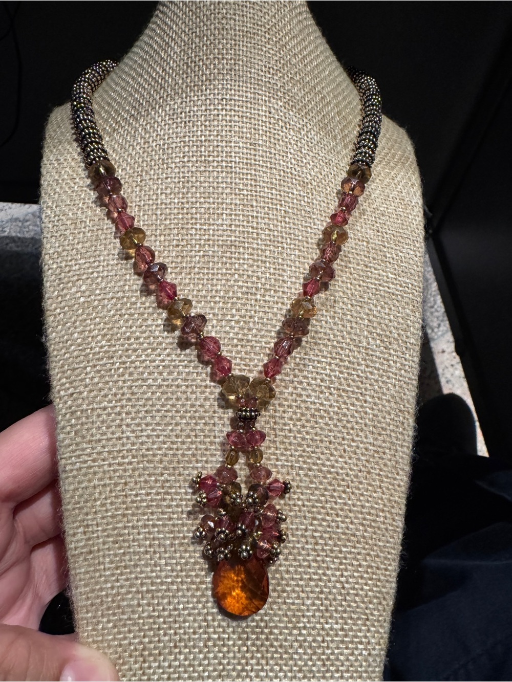 Elegant Pink and Amber tone Beaded Pendant Necklace